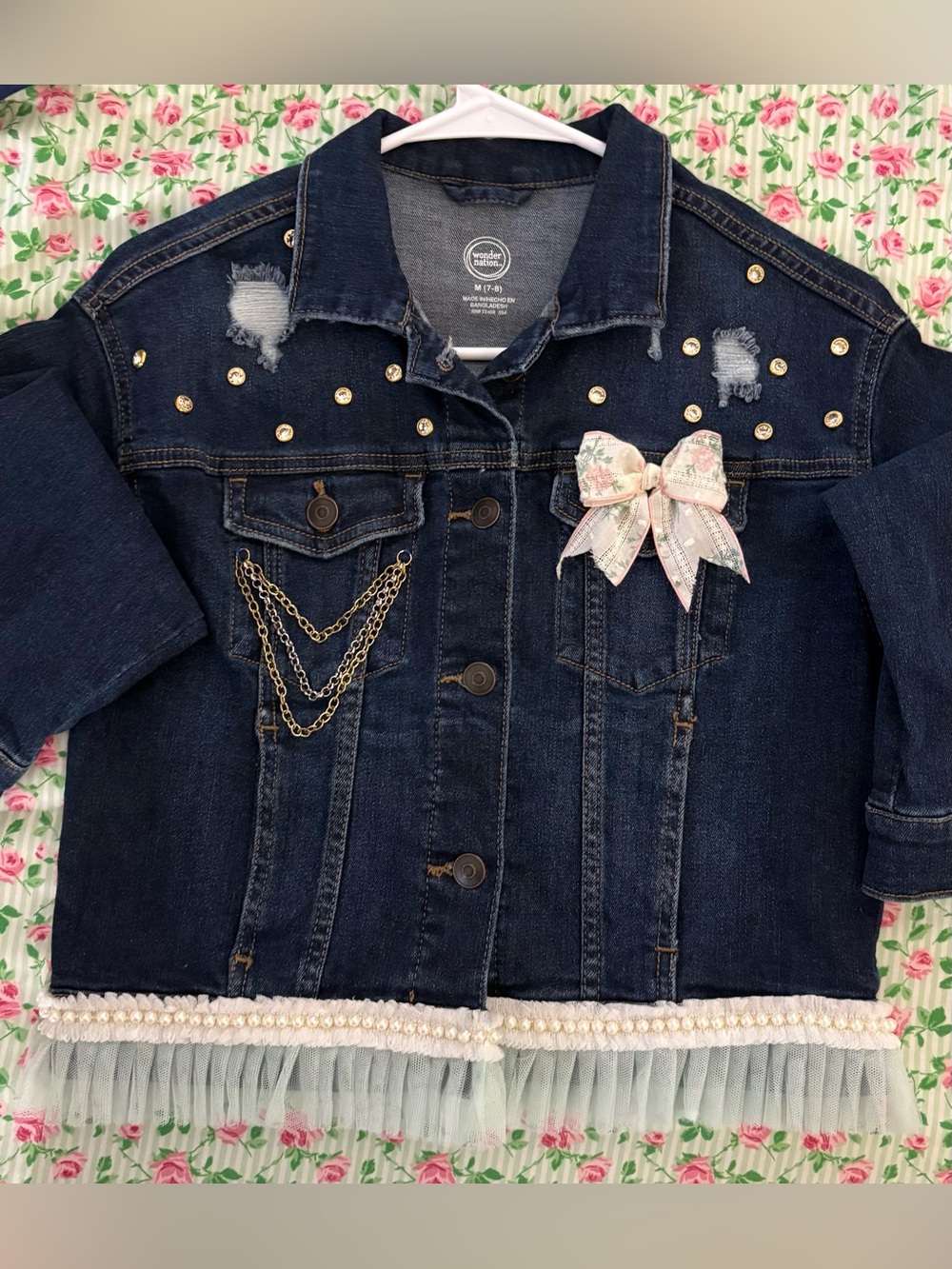 Dark Blue Denim Girls' Jacket with Bow & Chain Detail